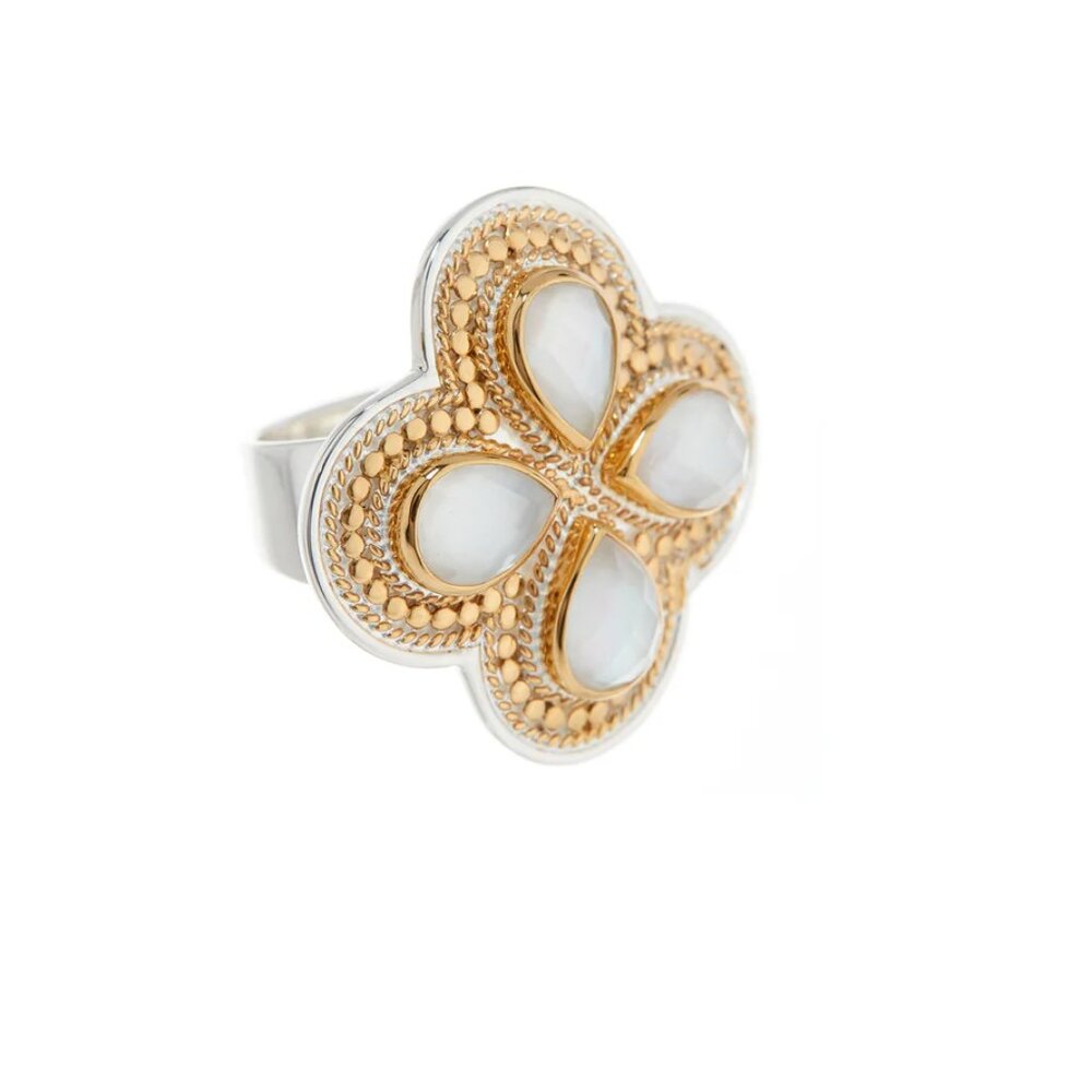 ANNA BECK White Quartz and Mother of Pearl Clover Ring Sz 6 - NIB - Picture 3 of 14